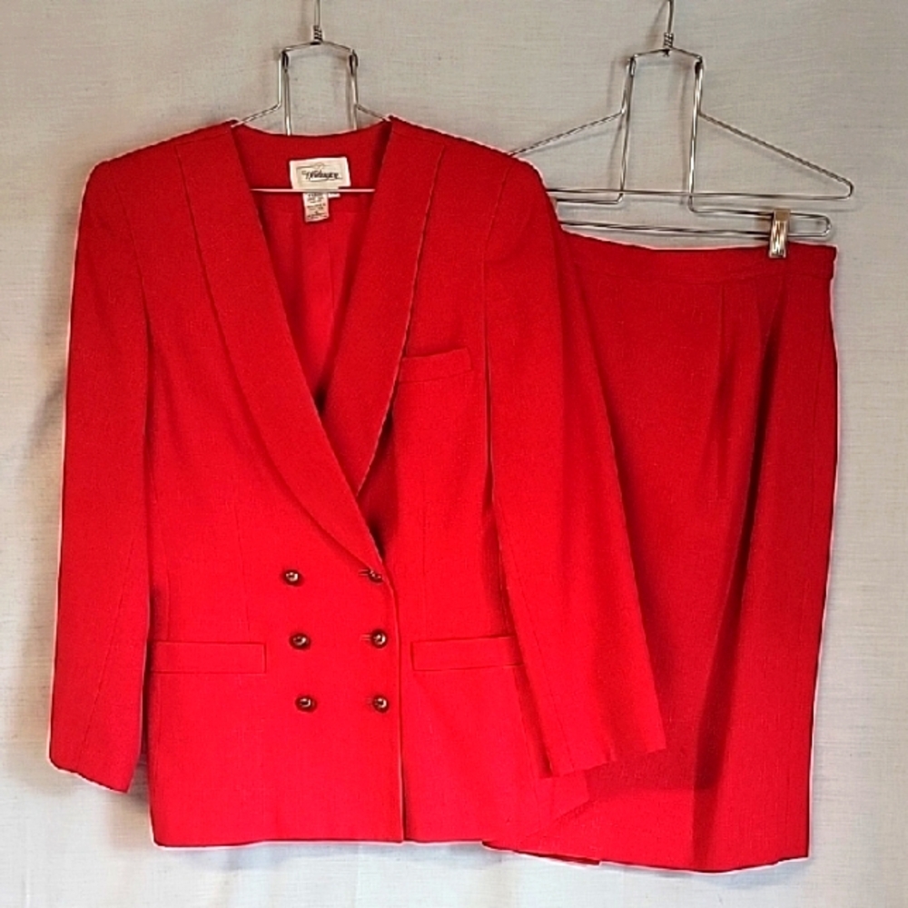 Vintage Red Double-Breasted Blazer and Skirt Set